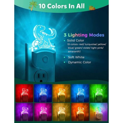 Dinosaur Night Light for Kids [2 Pack], 8 Color Changing Plug in Night Light for Kids, Baby Night Light with Dusk to Dawn Sensor, Night Light
