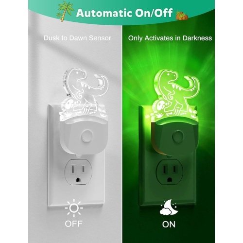 Dinosaur Night Light for Kids [2 Pack], 8 Color Changing Plug in Night Light for Kids, Baby Night Light with Dusk to Dawn Sensor, Night Light