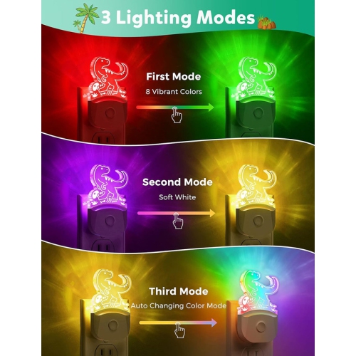 Dinosaur Night Light for Kids [2 Pack], 8 Color Changing Plug in Night Light for Kids, Baby Night Light with Dusk to Dawn Sensor, Night Light