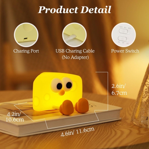 Cute Cheese Night Light, Nightlight with Timer & 2 Brightness, Silicone Squishy Touch Lamp Rechargeable Tap Table Lamp for Girls, Boys, Room,