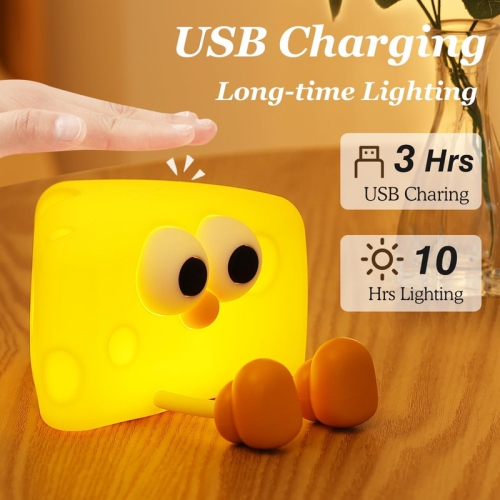 Cute Cheese Night Light, Nightlight with Timer & 2 Brightness, Silicone Squishy Touch Lamp Rechargeable Tap Table Lamp for Girls, Boys, Room,