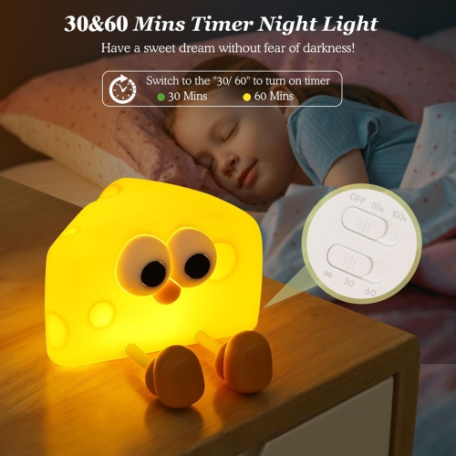 Cute Cheese Night Light, Nightlight with Timer & 2 Brightness, Silicone Squishy Touch Lamp Rechargeable Tap Table Lamp for Girls, Boys, Room,