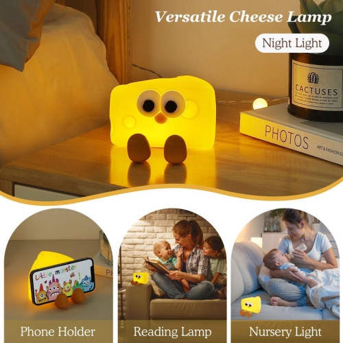 Cute Cheese Night Light, Nightlight with Timer & 2 Brightness, Silicone Squishy Touch Lamp Rechargeable Tap Table Lamp for Girls, Boys, Room,