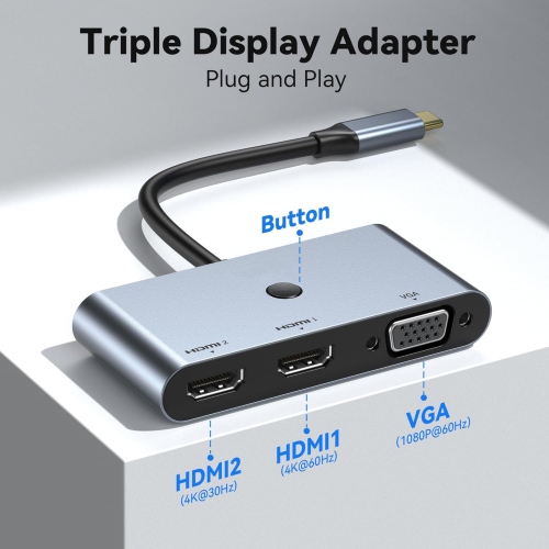 USB C Docking Station 3 Monitors, USB C to Dual HDMI VGA Adapter with One-Touch Multi-Screen Switch and Screen On/Off Button, HDMI Splitter Converter