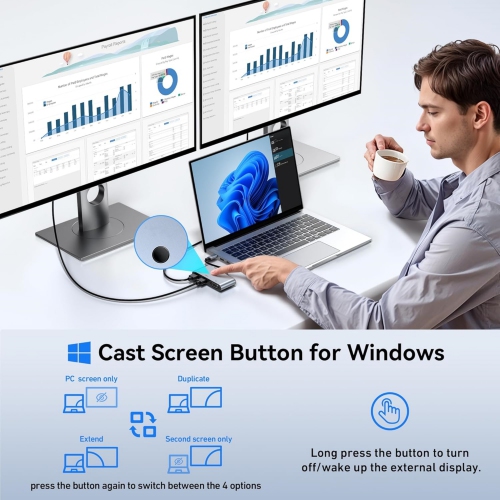 USB C Docking Station 3 Monitors, USB C to Dual HDMI VGA Adapter with One-Touch Multi-Screen Switch and Screen On/Off Button, HDMI Splitter Converter