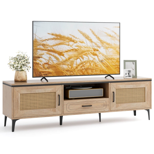 COSTWAY  Boho Tv Stand for 65 Inch Tvs Modern Entertainment Center With Drawer 2 Storage