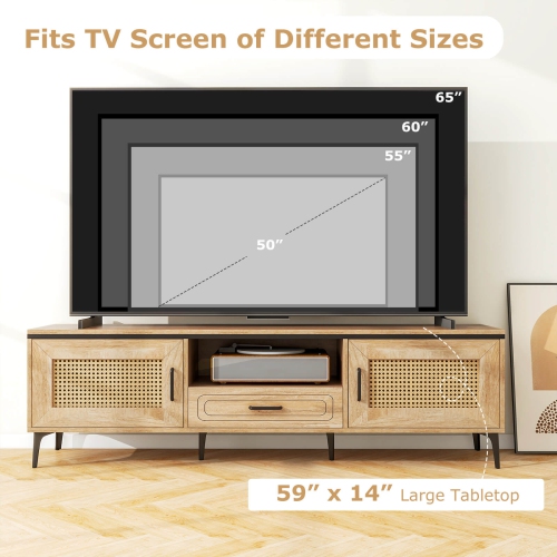 Costway Boho TV Stand for 65 Inch TVs Modern Entertainment Center with Drawer 2 Storage