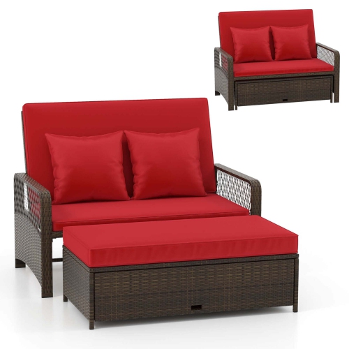 Costway Patio Rattan Daybed Wicker Loveseat Sofa with Multifunctional Ottoman