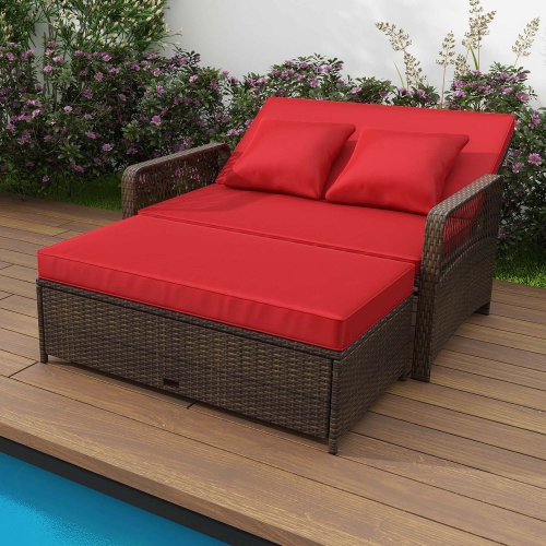Costway Patio Rattan Daybed Wicker Loveseat Sofa with Multifunctional Ottoman