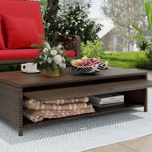 Costway Patio Rattan Daybed Wicker Loveseat Sofa with Multifunctional Ottoman