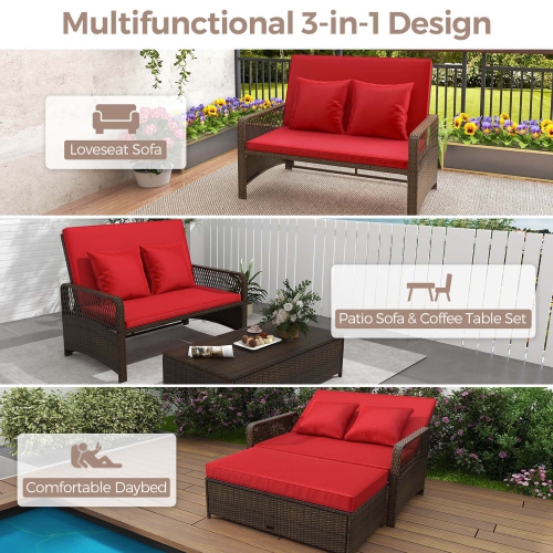 Costway Patio Rattan Daybed Wicker Loveseat Sofa with Multifunctional Ottoman