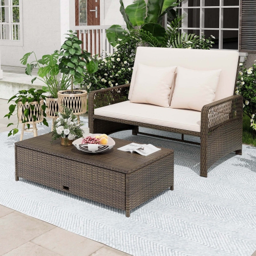Costway Patio Rattan Daybed Wicker Loveseat Sofa with Multifunctional Ottoman