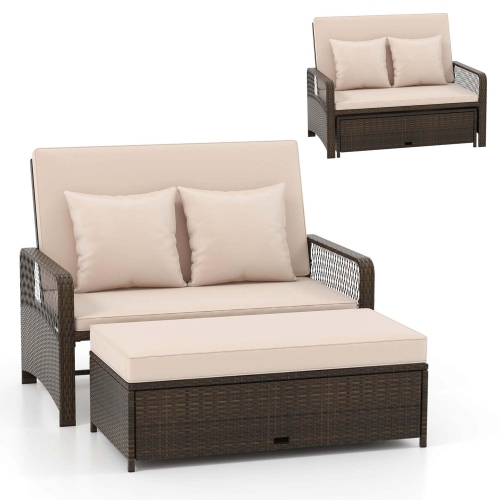 Costway Patio Rattan Daybed Wicker Loveseat Sofa with Multifunctional Ottoman