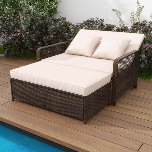 Costway Patio Rattan Daybed Wicker Loveseat Sofa with Multifunctional Ottoman