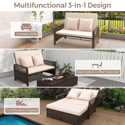 Costway Patio Rattan Daybed Wicker Loveseat Sofa with Multifunctional Ottoman