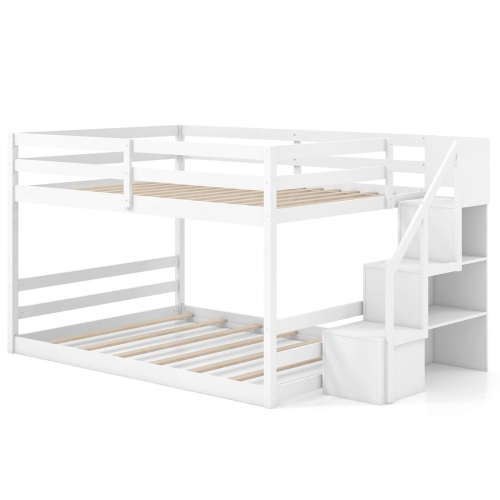 Costway Full Over Full Low Bunk Bed with Storage Stairs with Full-length Guardrails