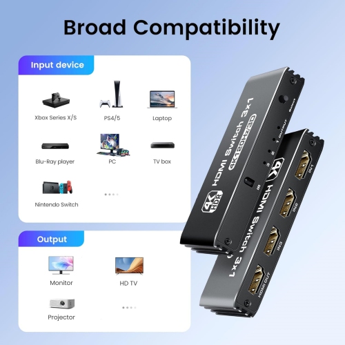 3 Ports HDMI 2.1 Switch Box 4K@120Hz, HDMI 2.1 Splitter 3 in 1 Out with Remote & Auto-Switching, HDMI selector Switch Support VRR ALLM HDR 3D Audio,