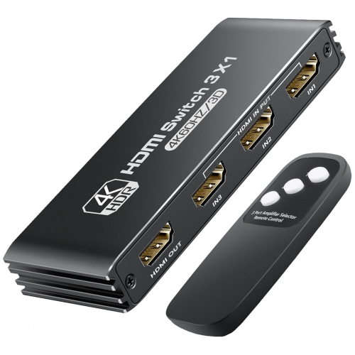 HDMI Switch 3 in 1 Out 4K@60Hz, 3 Port Aluminum HDMI Switch Box Support Auto-Switching, VRR ALLM HDR 3D Audio, HDMI Splitter with Remote for PS5/4,