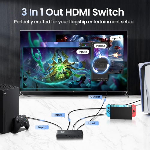 HDMI Switch 3 in 1 Out 4K@60Hz, 3 Port Aluminum HDMI Switch Box Support Auto-Switching, VRR ALLM HDR 3D Audio, HDMI Splitter with Remote for PS5/4,