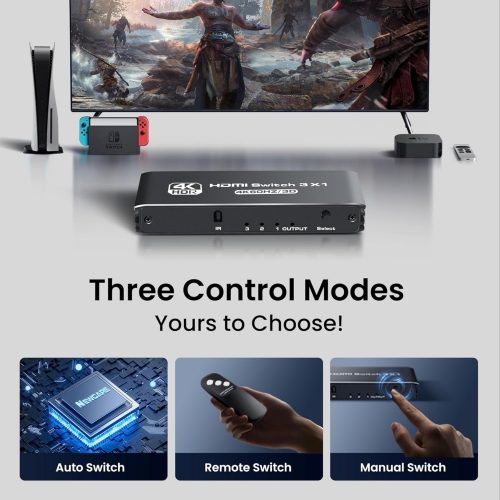 HDMI Switch 3 in 1 Out 4K@60Hz, 3 Port Aluminum HDMI Switch Box Support Auto-Switching, VRR ALLM HDR 3D Audio, HDMI Splitter with Remote for PS5/4,