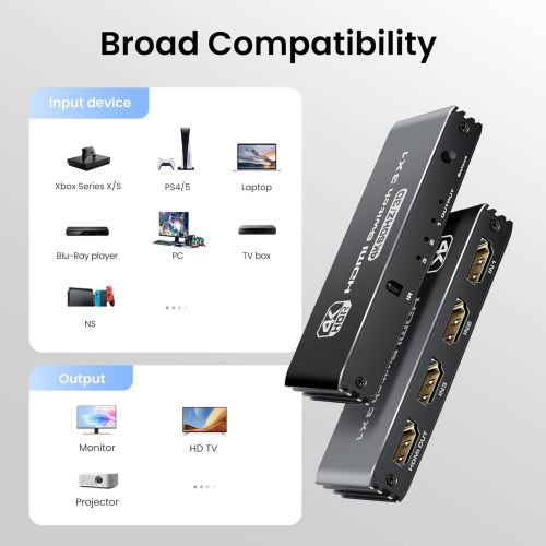 HDMI Switch 3 in 1 Out 4K@60Hz, 3 Port Aluminum HDMI Switch Box Support Auto-Switching, VRR ALLM HDR 3D Audio, HDMI Splitter with Remote for PS5/4,