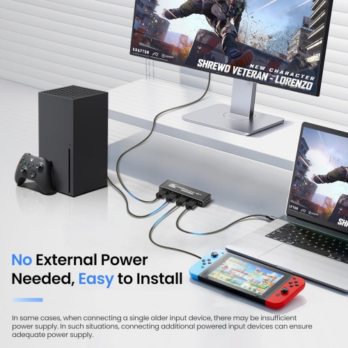 HDMI Switch 3 in 1 Out 4K@60Hz, 3 Port Aluminum HDMI Switch Box Support Auto-Switching, VRR ALLM HDR 3D Audio, HDMI Splitter with Remote for PS5/4,