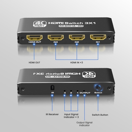HDMI Switch 3 in 1 Out 4K@60Hz, 3 Port Aluminum HDMI Switch Box Support Auto-Switching, VRR ALLM HDR 3D Audio, HDMI Splitter with Remote for PS5/4,