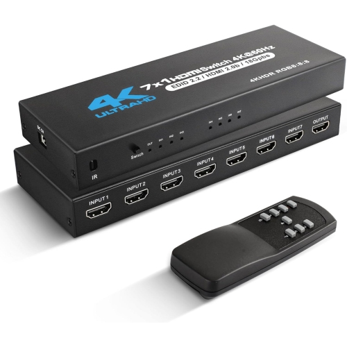 HDMI Switch 7 in 1 Out 4K@60Hz, 7x1 HDMI Switcher with IR Remote, 7 Port HDMI Selector Box Support HDMI2.0, Dolby Vision/Atmos, HDR10 for Xbox,