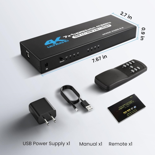 HDMI Switch 7 in 1 Out 4K@60Hz, 7x1 HDMI Switcher with IR Remote, 7 Port HDMI Selector Box Support HDMI2.0, Dolby Vision/Atmos, HDR10 for Xbox,