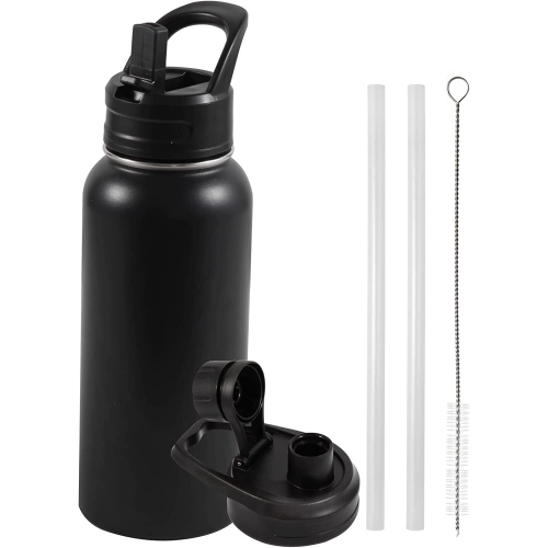 Insulated Water Bottle, 32oz Vacuum Stainless Steel Metal Sports Water Bottles with Stickers, Straw & Spout Lid, Double Walled to Keeps Hot and Cold,