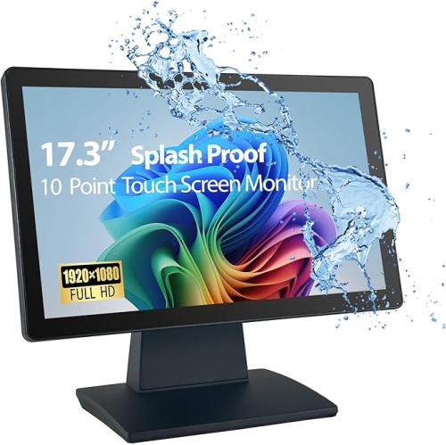Commercial Grade 17.3 Inch 1920 x 1080 FHD Touchscreen POS Monitor, 10 Points Touch HDMI VGA, Waterproof Dustproof Screen, Indusitrial, Office,