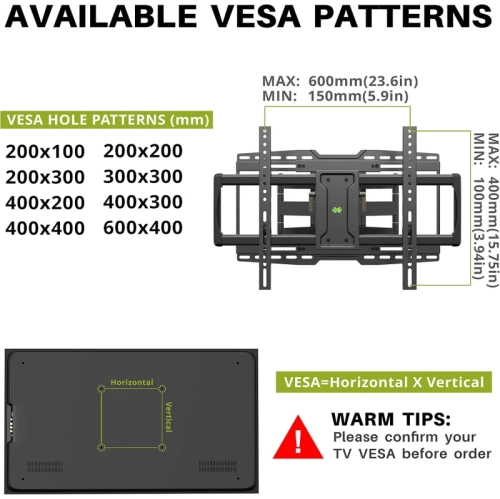 Full Motion TV Wall Mount Bracket for 32-90 Inch TVs | Sliding Design, Fits 16-24 Inch Studs, Swivel & Articulating Arms, VESA 600x400mm, Holds 150lbs