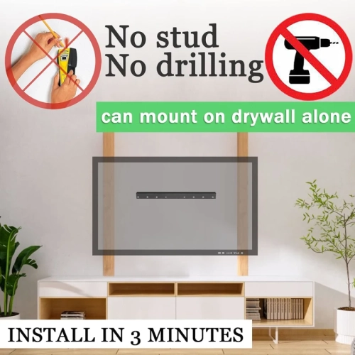 No Stud TV Wall Mount for 12-55 Inch TVs | Studless, No Drill, No Screws, Easy Install Bar Bracket, Holds up to 99 lbs, Includes Level