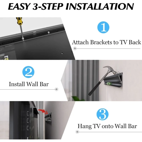 No Stud TV Wall Mount for 12-55 Inch TVs | Studless, No Drill, No Screws, Easy Install Bar Bracket, Holds up to 99 lbs, Includes Level