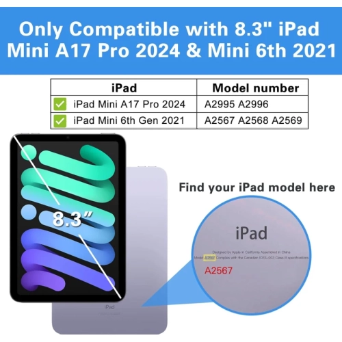 Paquet de 1 protecteurs d'écran en verre trempé pour iPad mini 7 de 8,3 po et Mini 6 (2021) - Compatible avec les modèles A17 Pro, A2567, A2568,