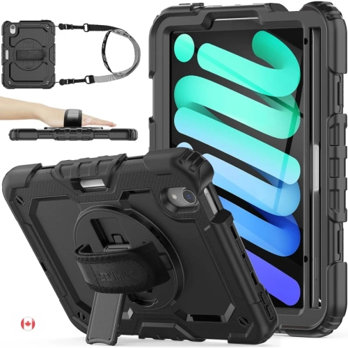 Full-Body Armor Case for iPad Mini 6th Generation 8.3" - Drop Proof, 360° Rotating Stand, Pencil Holder, Screen Protector, Hand Strap, Black