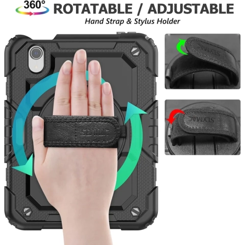 Full-Body Armor Case for iPad Mini 6th Generation 8.3" - Drop Proof, 360° Rotating Stand, Pencil Holder, Screen Protector, Hand Strap, Black