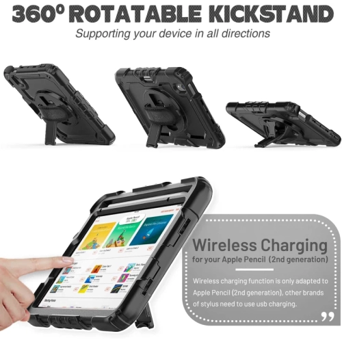 Full-Body Armor Case for iPad Mini 6th Generation 8.3" - Drop Proof, 360° Rotating Stand, Pencil Holder, Screen Protector, Hand Strap, Black