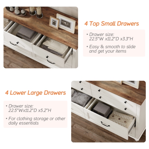 WAMPAT 8 Drawer Dresser for Bedroom, Mid Century Chest of Drawers Wooden Kids Dresser with Distressed Surface for Living Room, Off White, 54 Inch