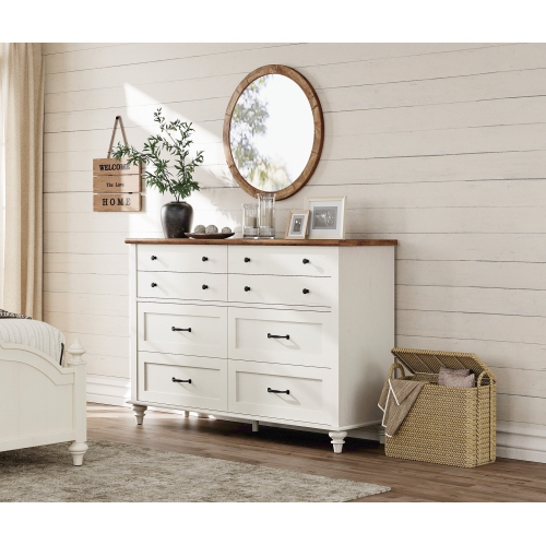 WAMPAT 8 Drawer Dresser for Bedroom, Mid Century Chest of Drawers Wooden Kids Dresser with Distressed Surface for Living Room, Off White, 54 Inch