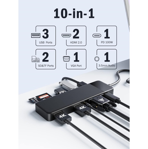 USB C Docking Station for Laptop, 10 in 1 Triple Display Monitors Adapter w/4K Dual HDMI, 1080P VGA, 3 USB 3.0/2.0, TF/SD 2.0, 3.5mm Audio, 100W PD,