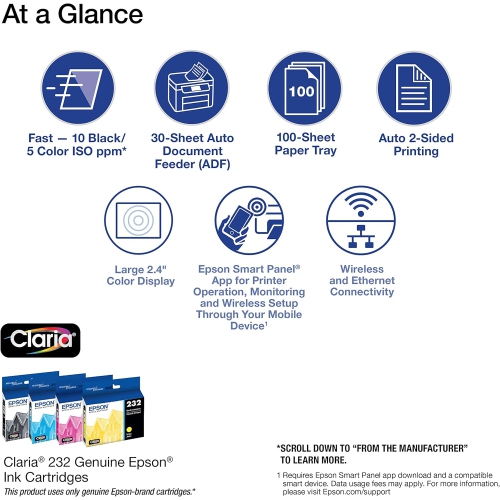 Epson Workforce WF-2950 Wireless All-in-One Printer with Scan, Copy, Fax, Auto Document Feeder, Automatic 2-Sided Printing and 2.4" Color Display