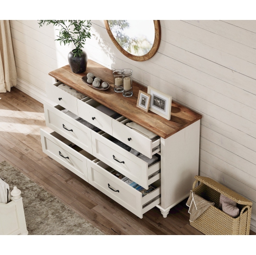 WAMPAT – Commode mi-siècle à 7 tiroirs pour chambre à coucher, large commode en bois pour enfants avec surface vieillie, organisateur de commode pour