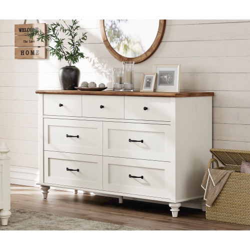 WAMPAT – Commode mi-siècle à 7 tiroirs pour chambre à coucher, large commode en bois pour enfants avec surface vieillie, organisateur de commode pour