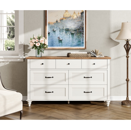 WAMPAT – Commode mi-siècle à 7 tiroirs pour chambre à coucher, large commode en bois pour enfants avec surface vieillie, organisateur de commode pour