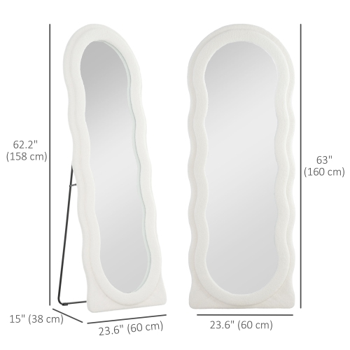 HOMCOM 63" x 24" Full Length Mirror, Free Standing, Leaning or Wall Full Body Mirror with Irregular Wavy Teddy Fleece Wrapped Frame and Arched Top
