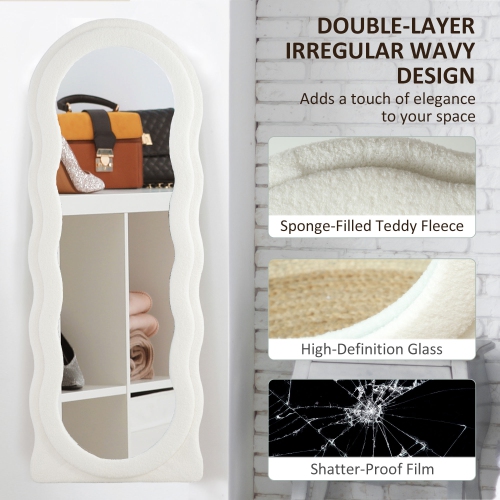HOMCOM 63" x 24" Full Length Mirror, Free Standing, Leaning or Wall Full Body Mirror with Irregular Wavy Teddy Fleece Wrapped Frame and Arched Top