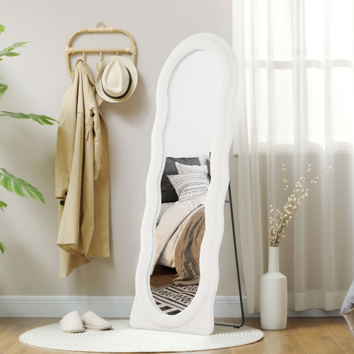 HOMCOM 63" x 24" Full Length Mirror, Free Standing, Leaning or Wall Full Body Mirror with Irregular Wavy Teddy Fleece Wrapped Frame and Arched Top