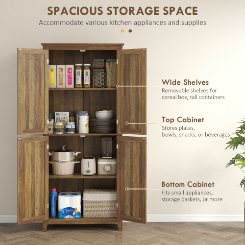 HOMCOM 72" Farmhouse Kitchen Pantry Cabinet, Buffet Storage Cabinet with 4 Barn Doors and Adjustable Shelves, Brown