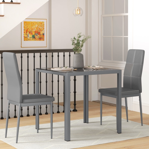 HOMCOM Dining Table Set for 2, 3-Piece Rectangular Glass Kitchen Table and Chairs with Metal Frame and Faux Leather Upholstery for Dining Room,